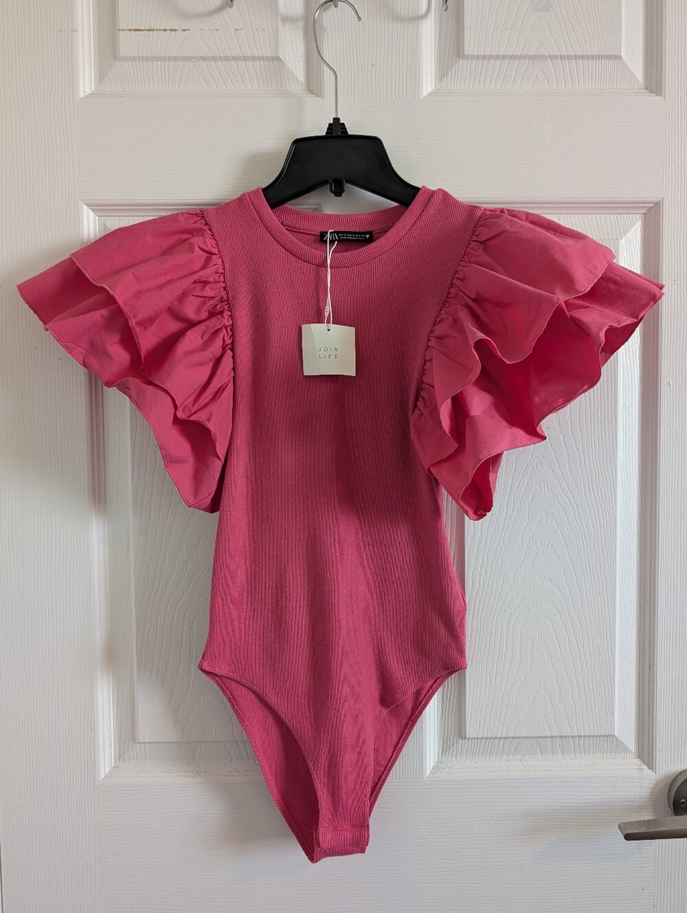 NWT Zara Pink Ribbed Ruffle Poplin Sleeve Bodysuit Eco Cotton Girlhoodcore S